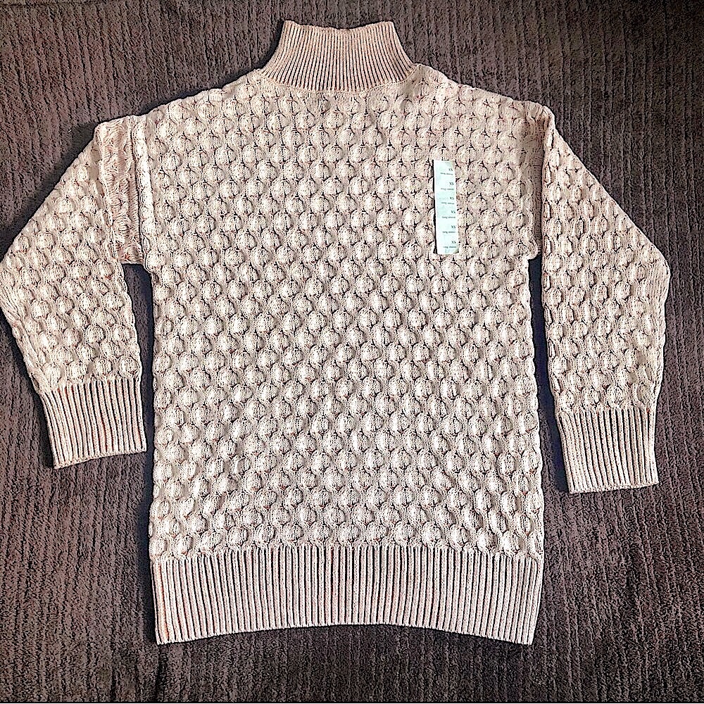 Knox Rose mock neck long sleeve Cable Knit Sweater peach tan relaxed fit XS to S